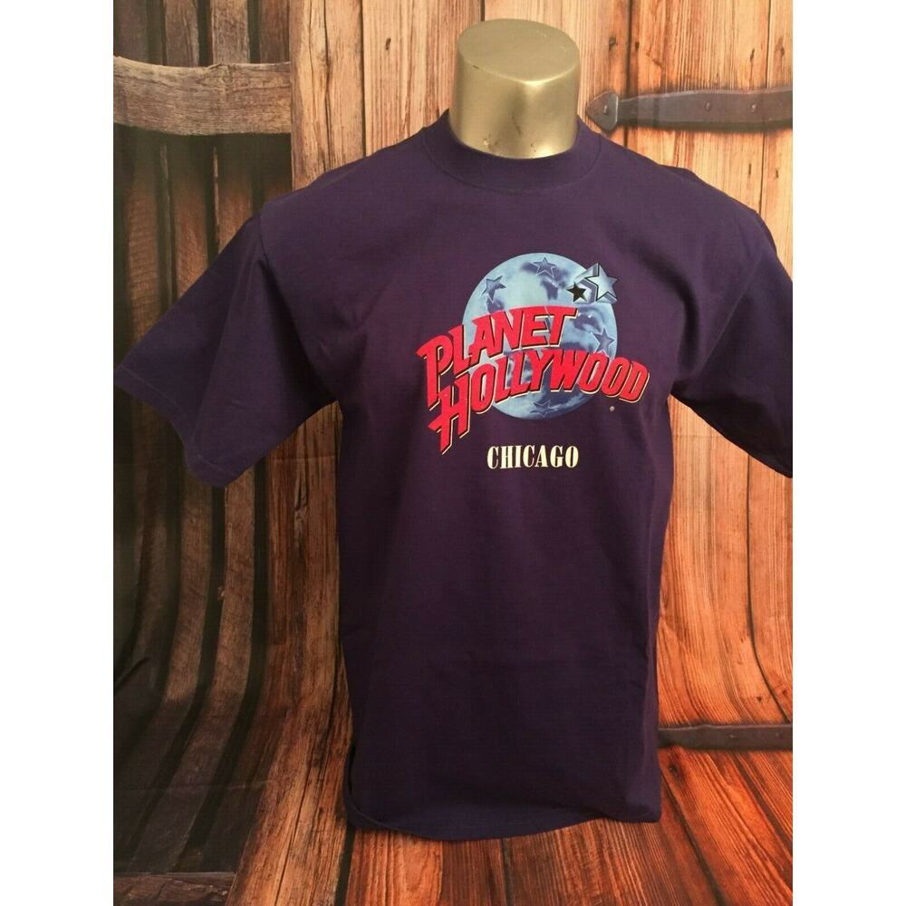 Planet Hollywood Chicago Travel Souvenir T-Shirt Large Blue Stars Earth World L